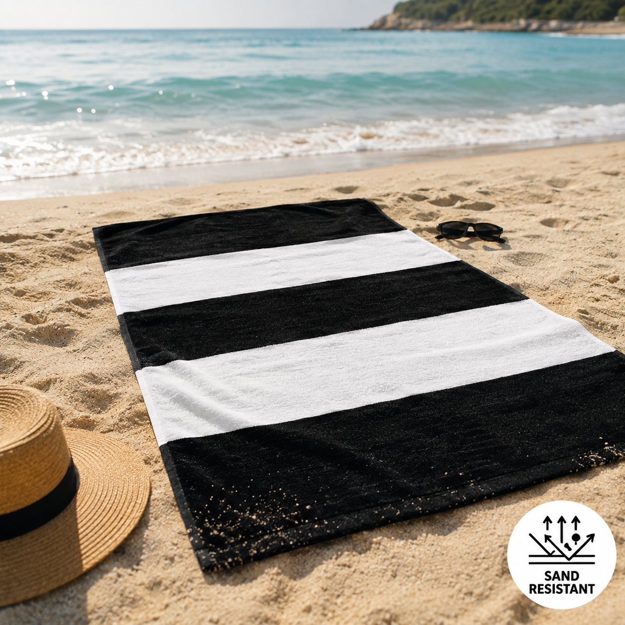 HIGH ST BRAND - BEACH TOWEL - SAND RESIST & VELVET SOFT - 100% COTTON - (79cm*152cm) - Black & White striped design