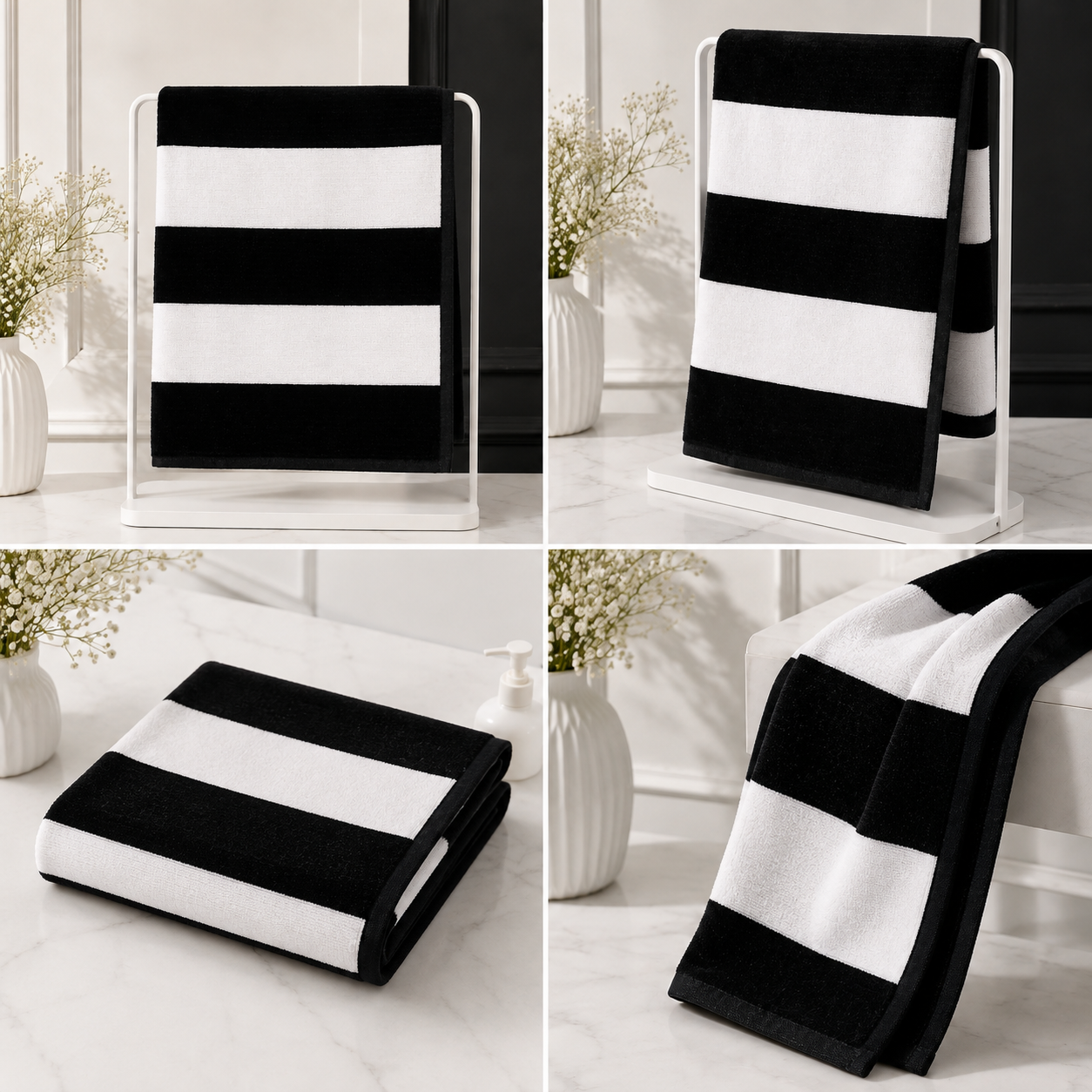 HIGH ST BRAND - BEACH TOWEL - SAND RESIST & VELVET SOFT - 100% COTTON - (79cm*152cm) - Black & White striped design
