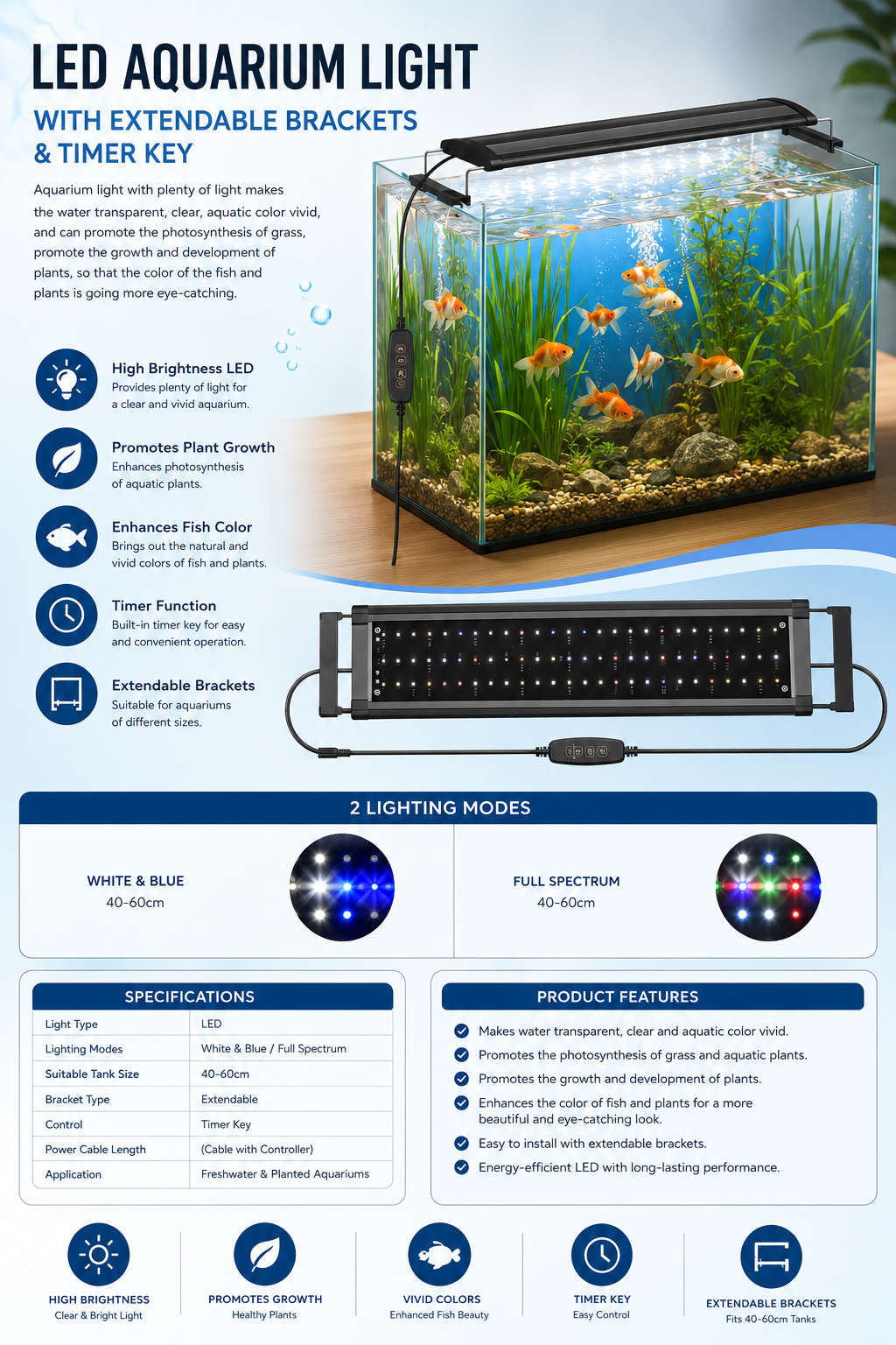 LED AQUARIUM LIGHT - EXTENDABLE BRACKETS & TIMER KEY - BLACK IN COLOR