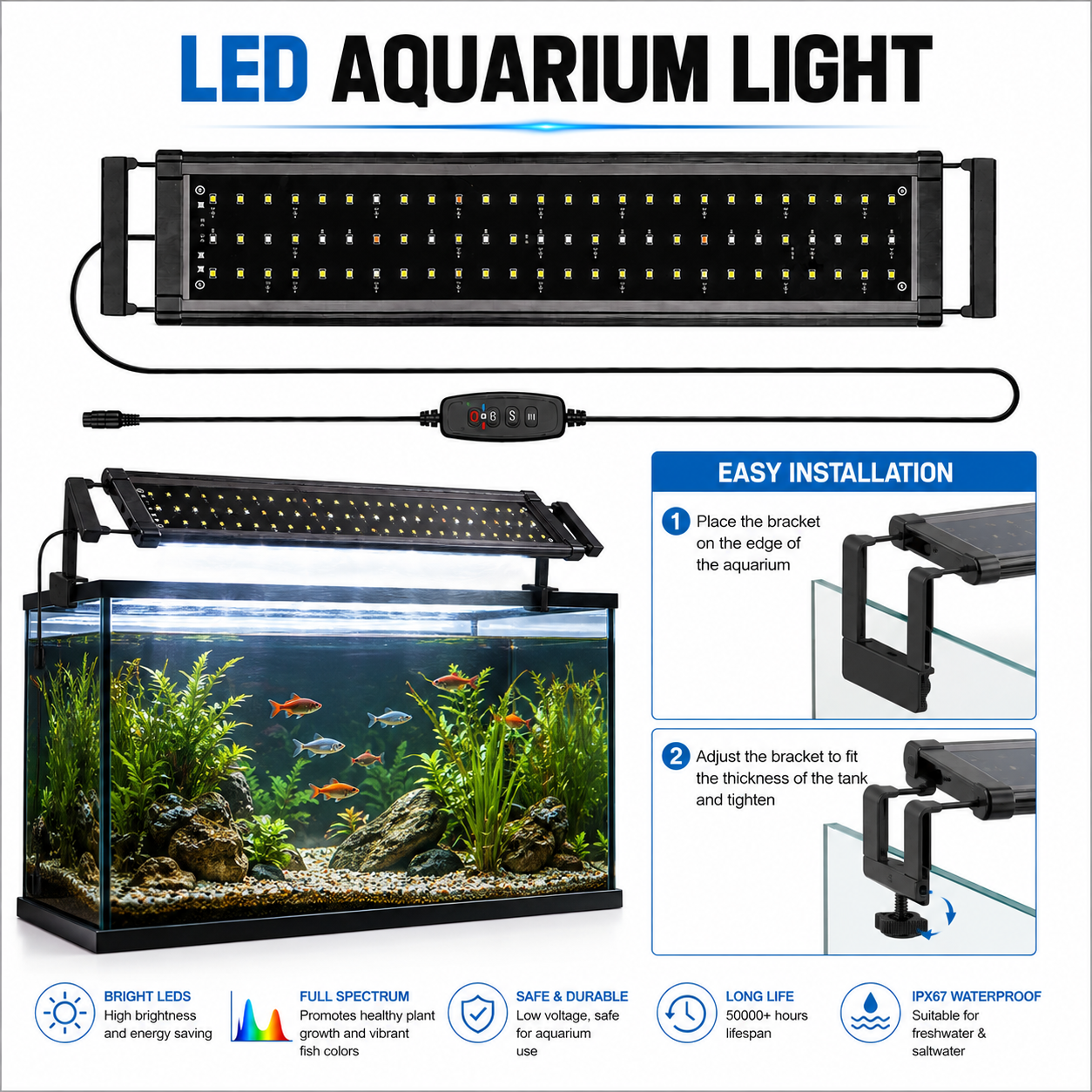 LED AQUARIUM LIGHT - EXTENDABLE BRACKETS & TIMER KEY - BLACK IN COLOR