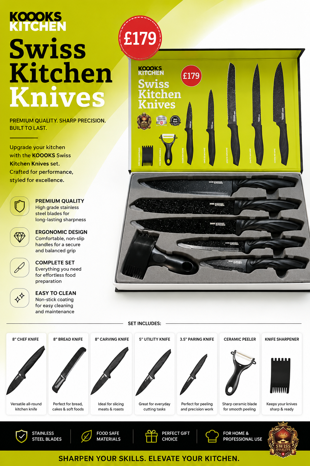 7 PIECE KNIFE SET - SWISS KITCHEN KNIVES by KOOKS KITCHEN FOR ABOVE 18 YEARS AGE