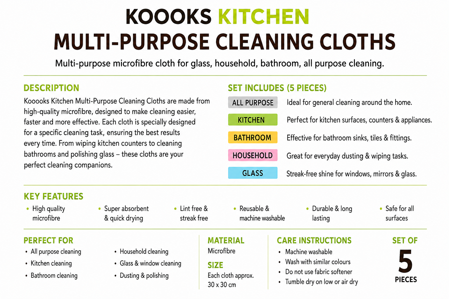 MULTI-PURPOSE CLEANING CLOTHES - SET OF 5 DIFFERENT TYPES OF CLOTHING MATERIAL