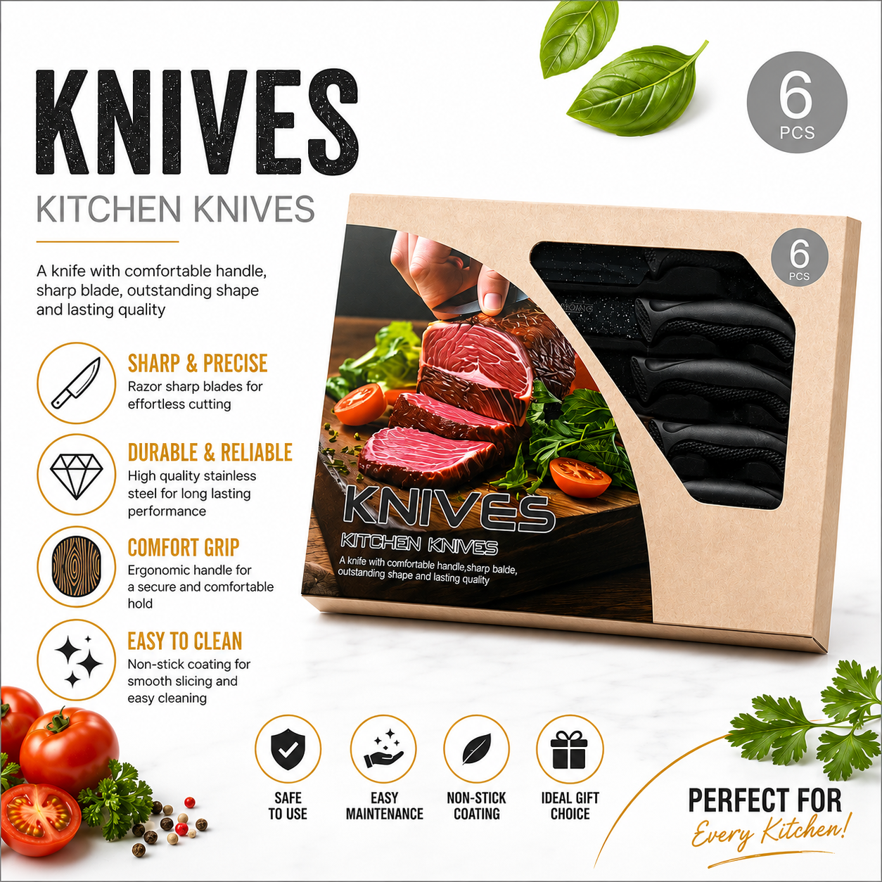 6 PIECES KNIFE SET - KITCHEN KNIVES WITH COMFORTABLE HANDLE & SHARP BLADES - FOR 18+ by YEEQIANG