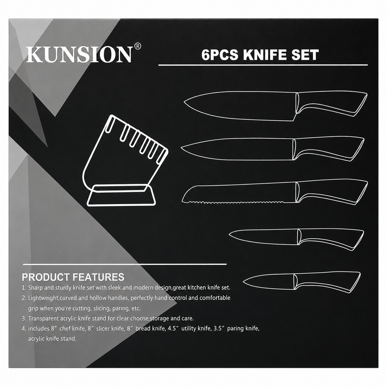 6 PIECE KNIFE SET - INCLUDING KNIFE STAND - BEST TO PLACE ON DINING TABLE FOR ABOVE 18 YEARS AGE - by KUNSION