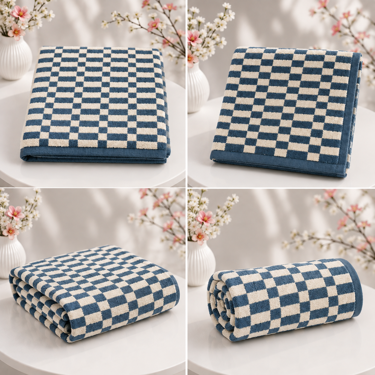 HIGH ST BRAND - PURE COTTON BATH TOWEL - BLUE & WHITE BLOCK CHECK PATTERN - 550GSM - SUPER SOFT & ABSORBENT - 70cm*137cm