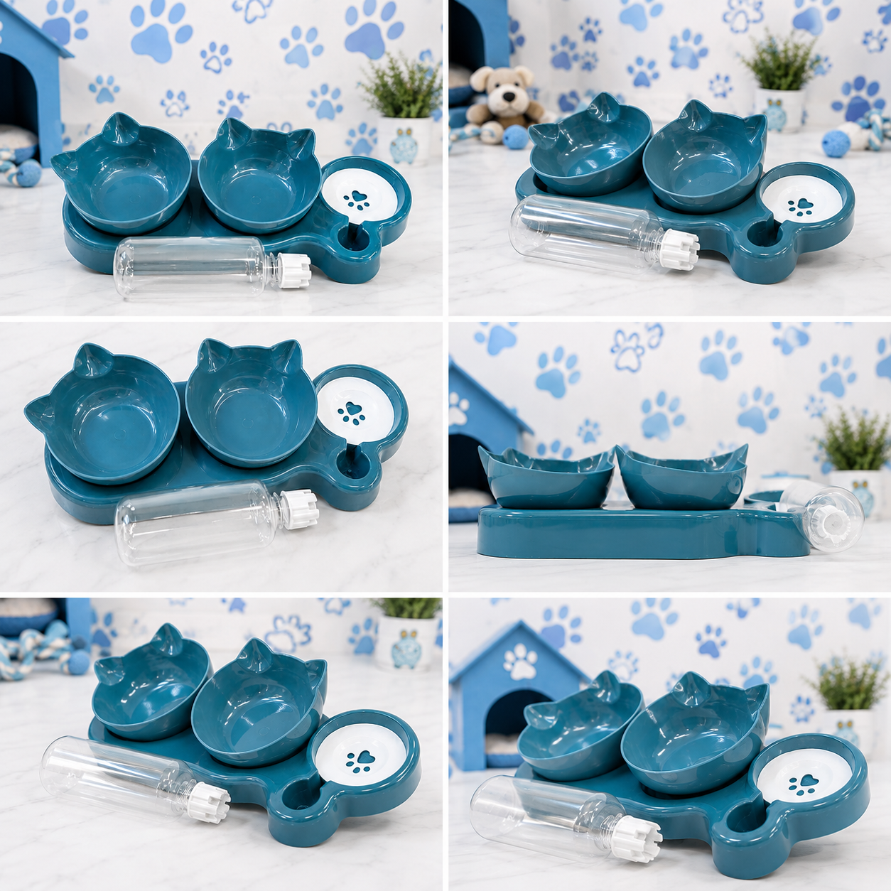 PET FEEDING BOWL - TEAL BLUE EDITION WITH TWO BOWLS AND ONE WATER DISPENSER