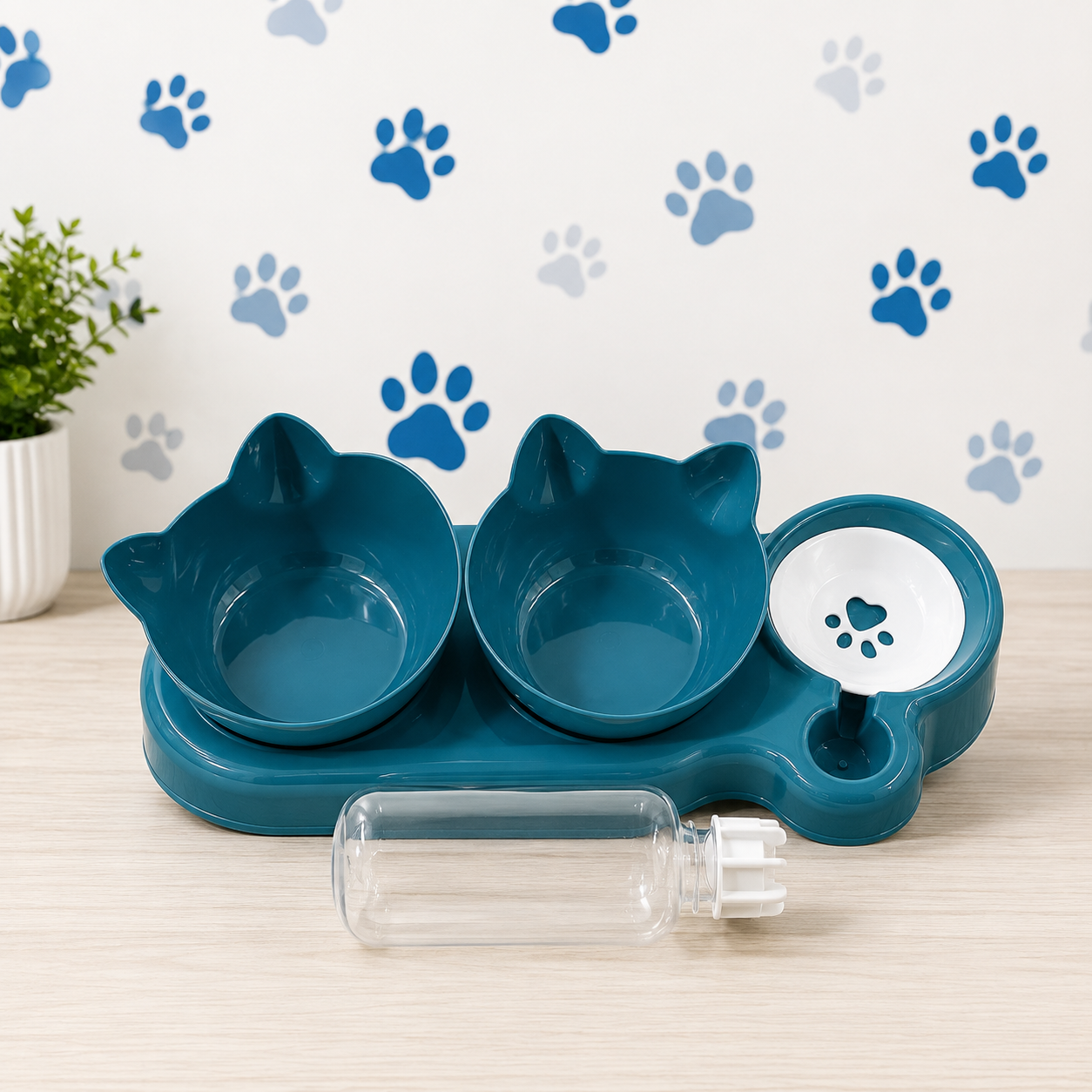 PET FEEDING BOWL - TEAL BLUE EDITION WITH TWO BOWLS AND ONE WATER DISPENSER