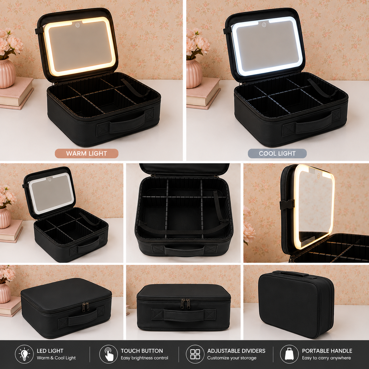 MAKEUP ORGANISER TRAVEL KIT - IN-BUILT LED MIRROR - AVAILABLE IN PEACH/BLACK COLOR