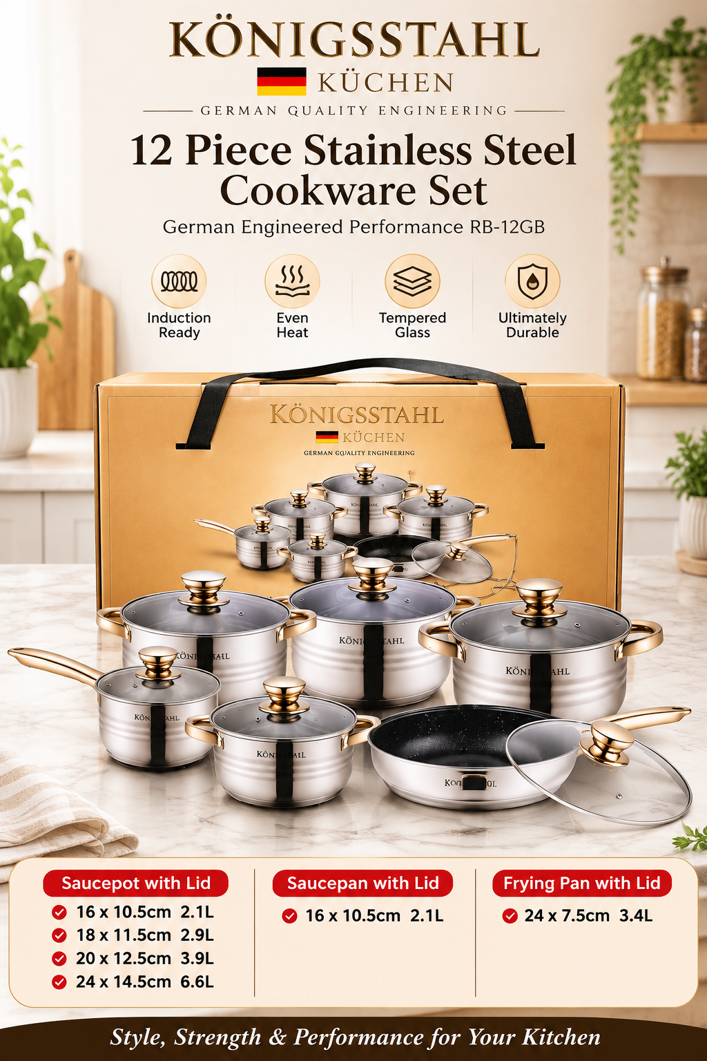 12 PIECE STAINLESS STEEL COOKWARE SET - GERMAN QUALITY ENGINEERING - (Model No: RB-12GB)
