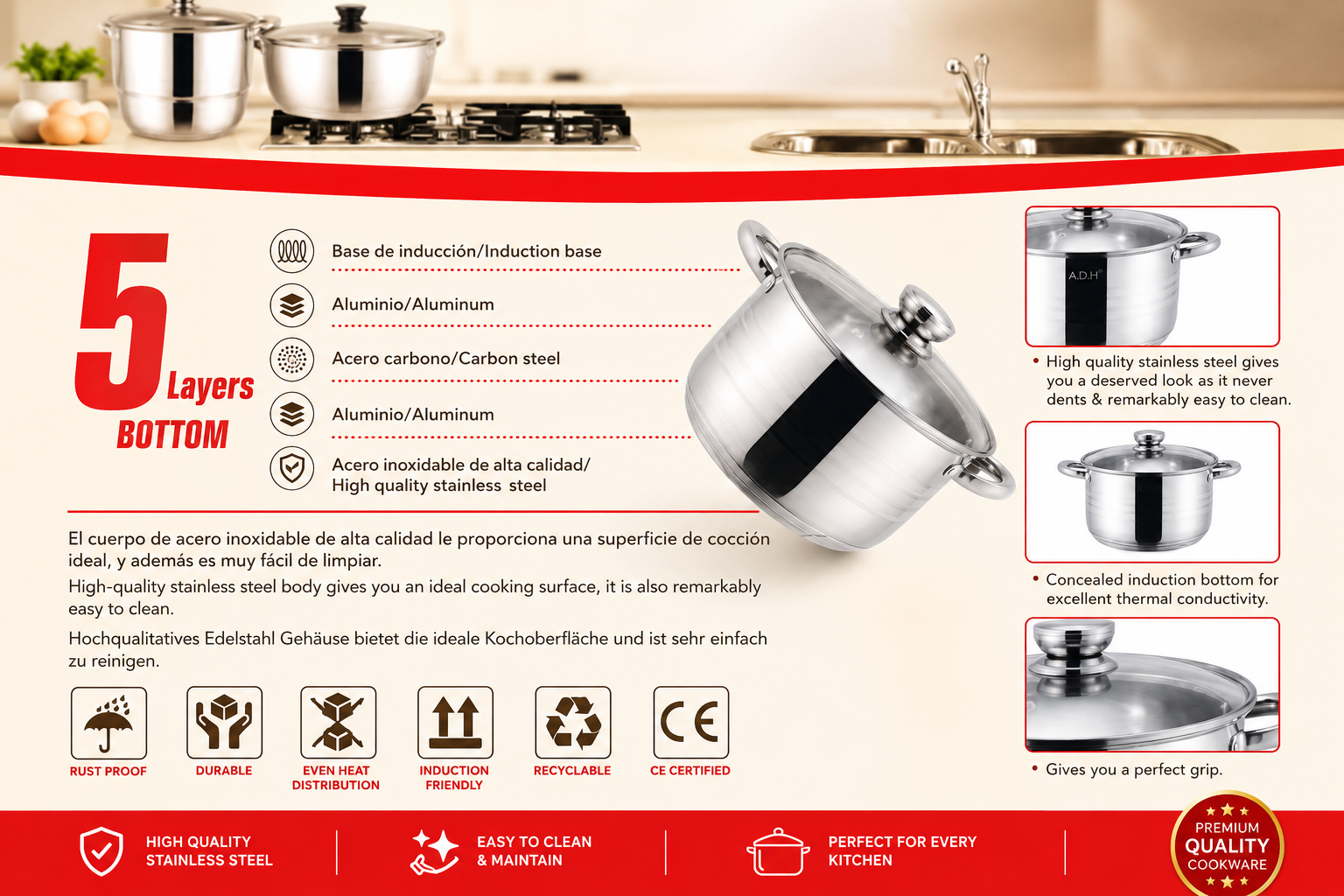 12 PIECE STAINLESS STEEL COOKWARE SET - GERMAN QUALITY ENGINEERING - (Model No: RB-12GB)