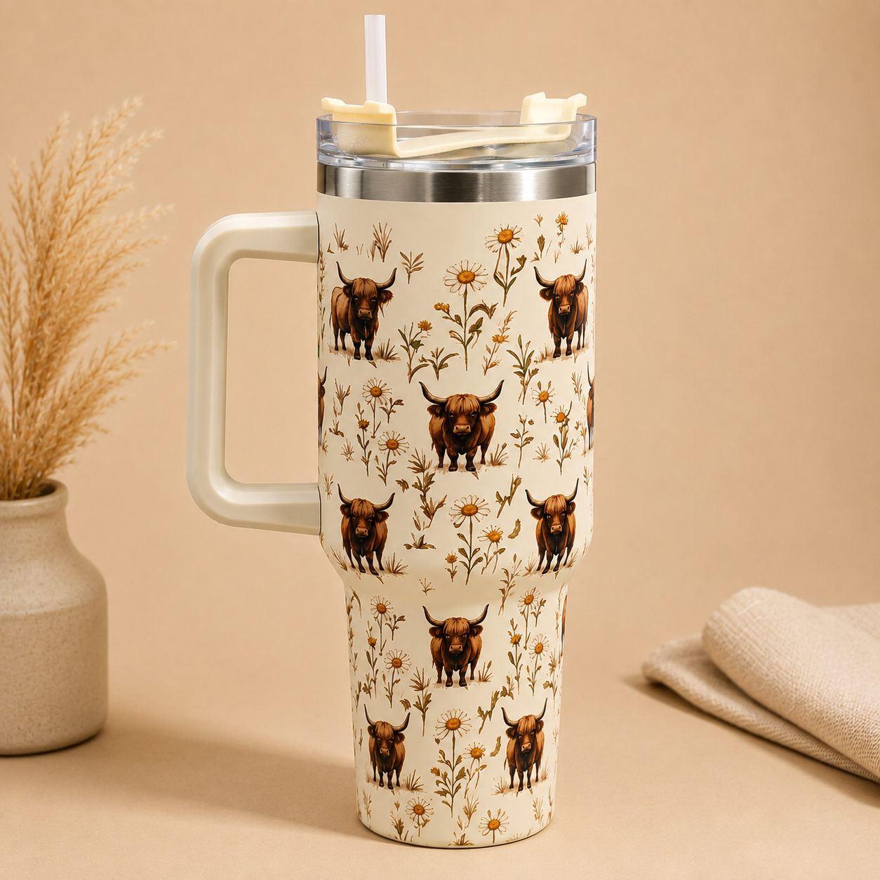 COW STANLEY - INSULATED TRAVEL MUG WITH HANDLE & STRAW LID - 'COW IN THE FIELDS THEME'