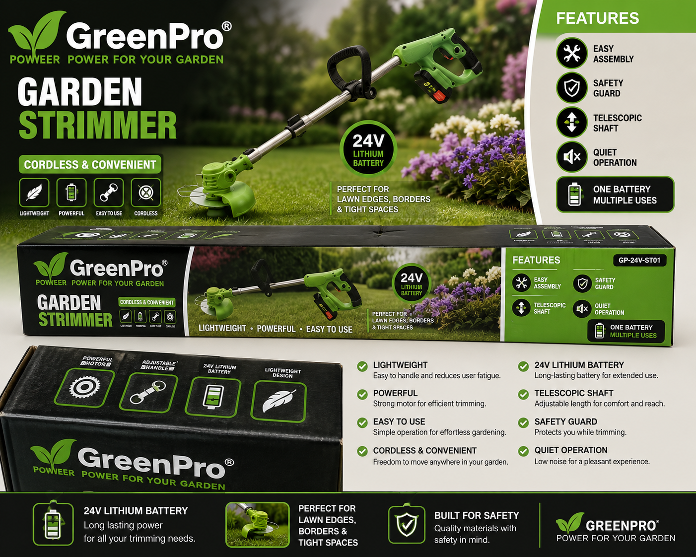GARDEN STRIMMER - LIGHTWEIGHT DESIGN WITH 24V LITHIUM BATTERY - POWERFUL MOTION by GREENPRO (age-18+)