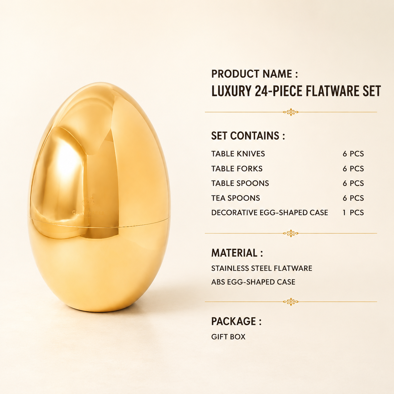 GOLD STAINLESS STEEL EGG-SHAPED FLATWARE SET - 24 PIECES TABLEWARE INCLUDING SPOONS,FORKS & KNIVES