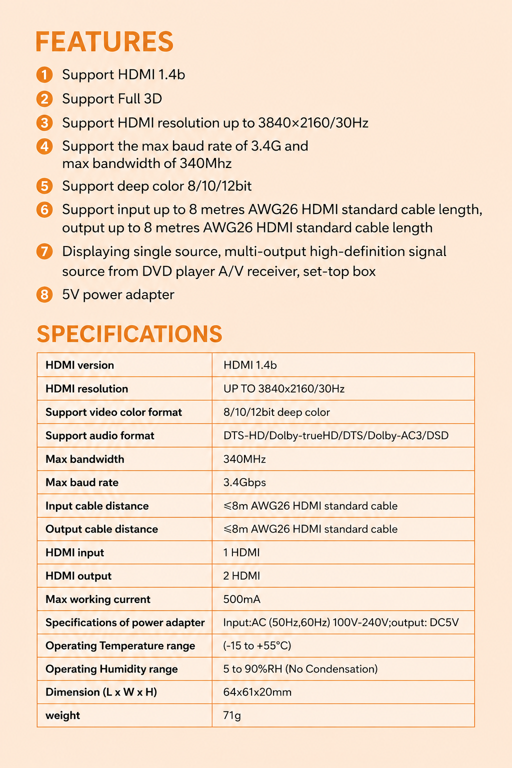 HDMI SPLITTER - SIGNAL TO 2 DISPLAYS WITH 4K ULTRA HD SUPPORT