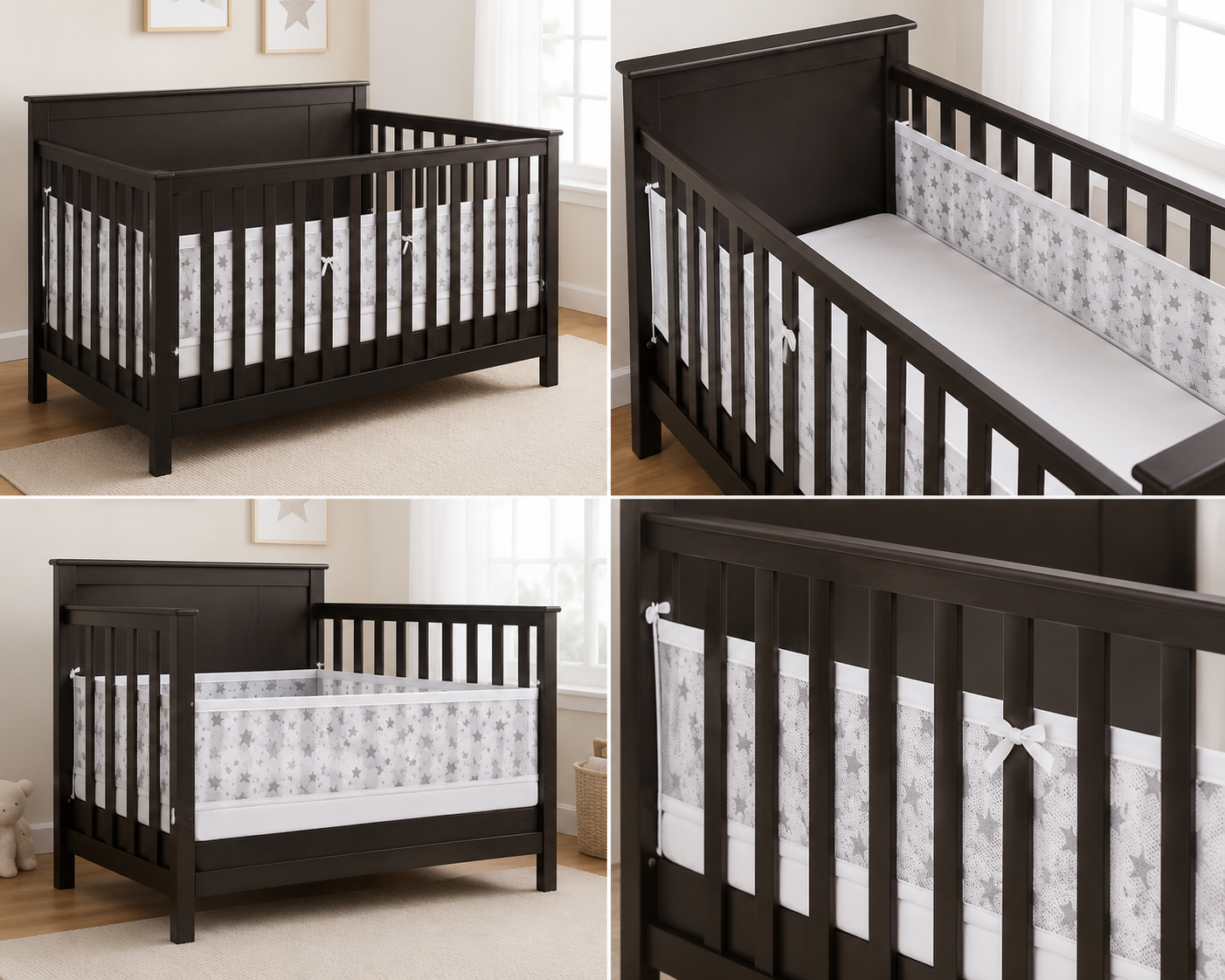 3D BREATHABLE BABY CRIB MESH LINER - SILVER TWINKLE STARS THEME - HIGHLY SOFT - 0 MONTHS+