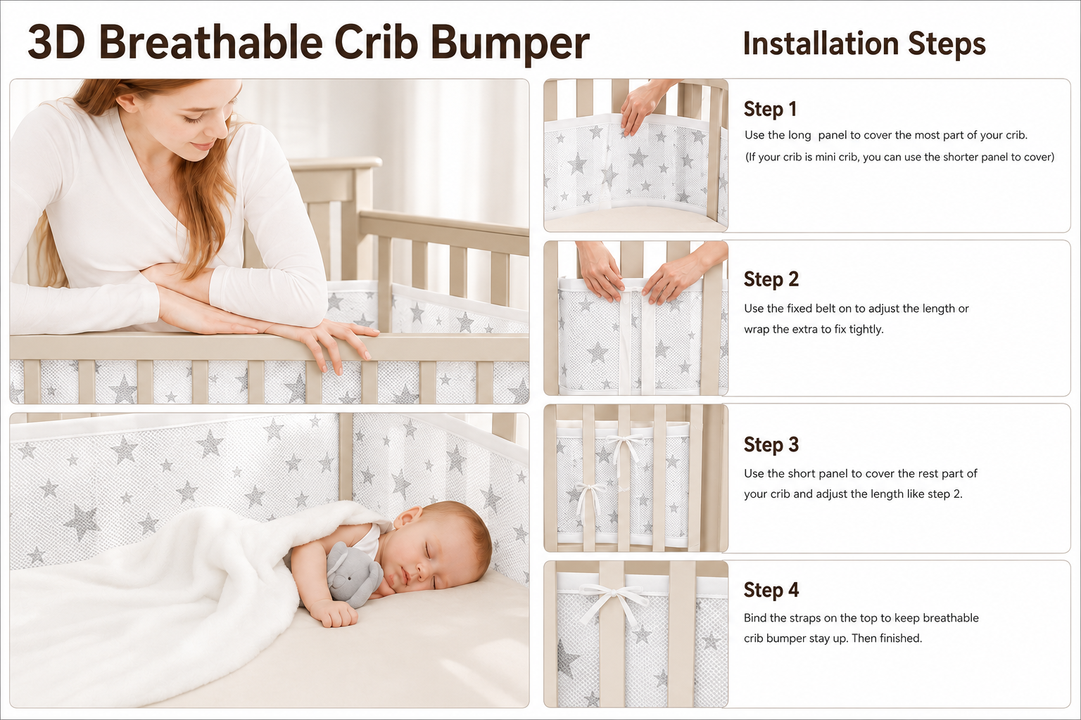 3D BREATHABLE BABY CRIB MESH LINER - SILVER TWINKLE STARS THEME - HIGHLY SOFT - 0 MONTHS+