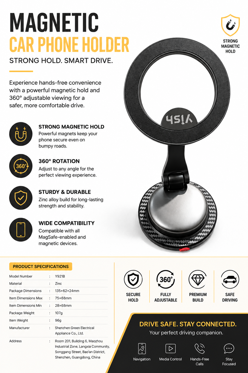 MAGNETIC CAR PHONE HOLDER -  360° ROTATION - MODEL NO:Y921B by YISH
