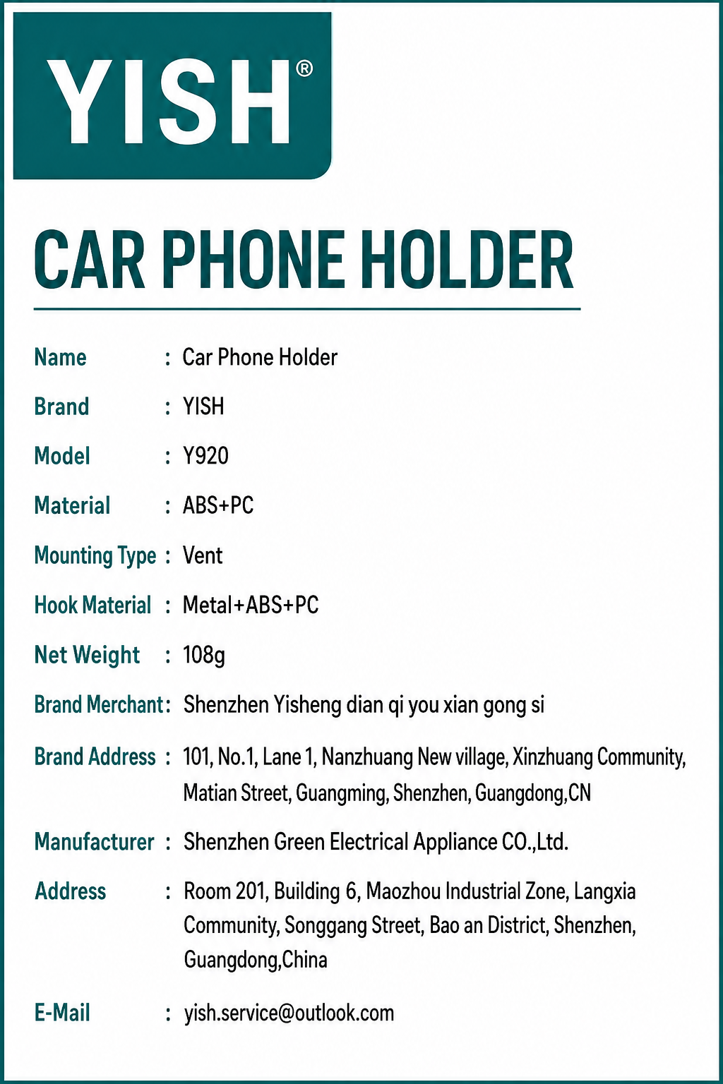 CAR PHONE HOLDER WITH 360° ROTATION - MODEL:T920 by YISH