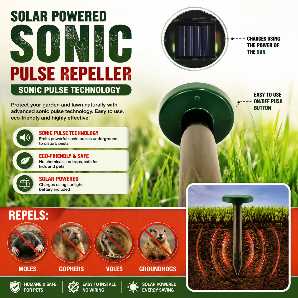 SOLAR POWERED SONIC PULSE REPELS : GOPHERS,MOLES, VOLES, SHREWS
