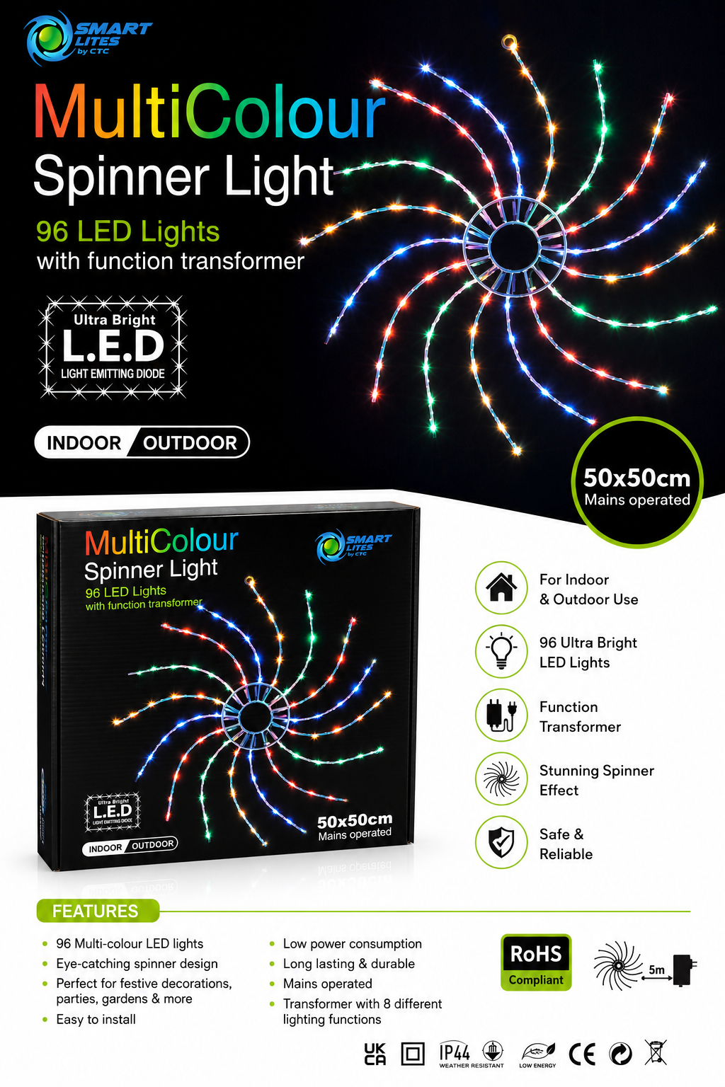 MULTICOLOR SPINNER LIGHT - 96 LED LIGHTS WITH FUNCTION TRANSFORMER