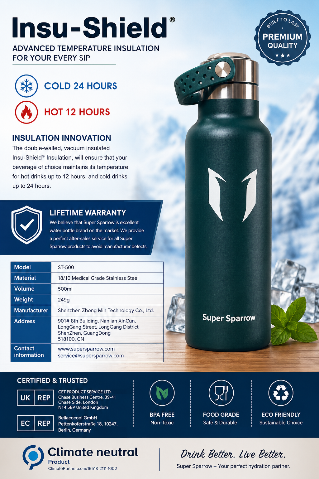 SUPER SPARROW INSULATED WATER BOTTLE - 500ml FOR SPORT, GYM, SCHOOL, OUTDOOR & TRAVEL
