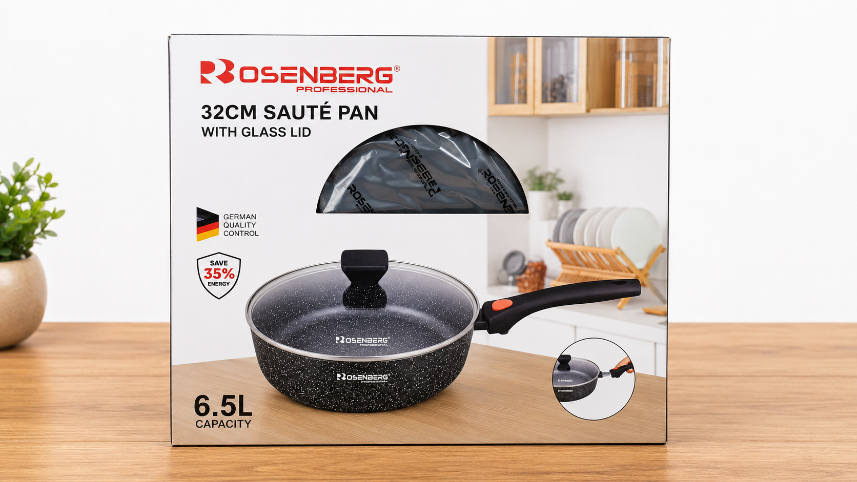 SAUTE PAN WITH GLASS LID - 32cm & 6.5 litre capacity by ROSENBERG