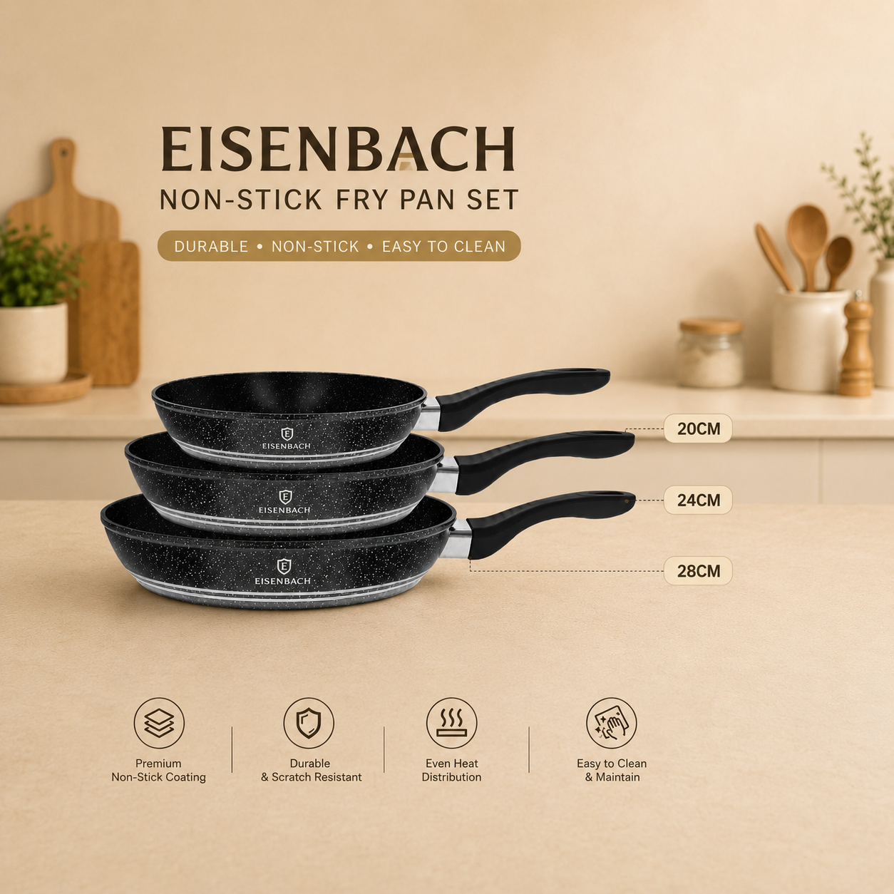 FORGED ALUMINUM FRY PAN SET - SET OF 3 PANS IN 3 DIFFERENT SIZES by EISENBACH