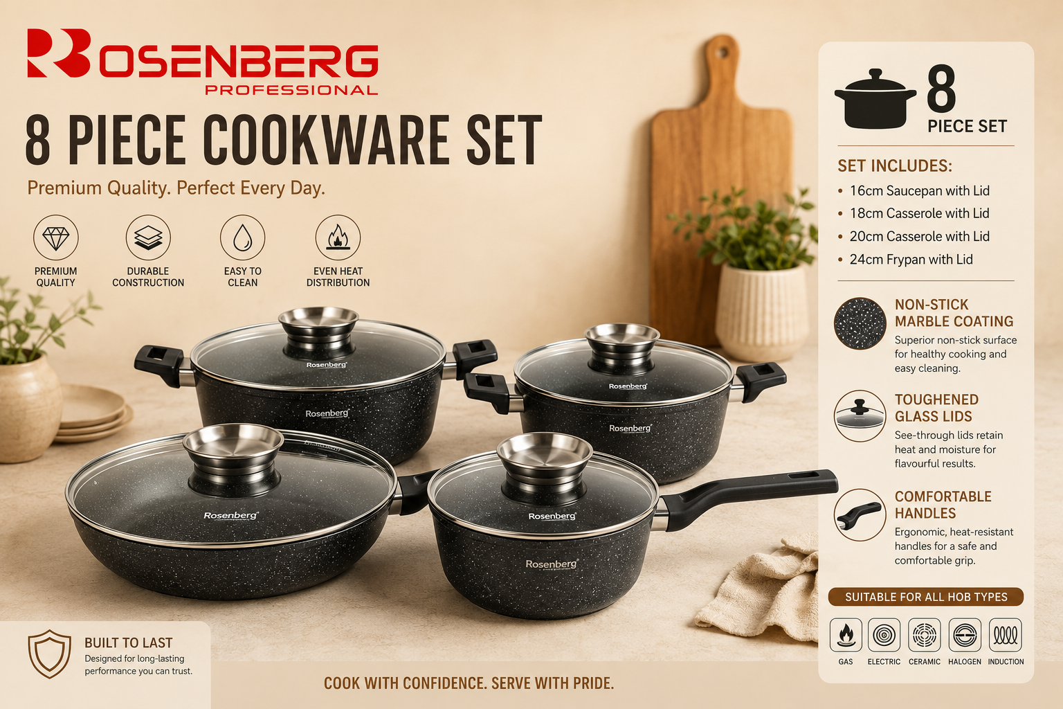 8 PIECE COOKWARE SET - PREMIUM MARBLE WITH NON-STICK COATING by ROSENBERG