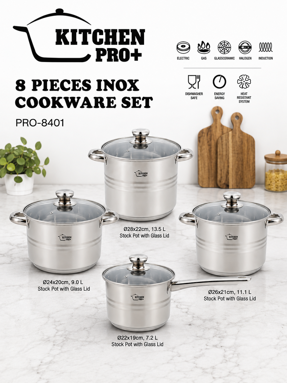 8 PIECES STAINLESS STEEL COOKWARE SET- MODEL NO:-PRO-8401 by KITCHEN PRO+