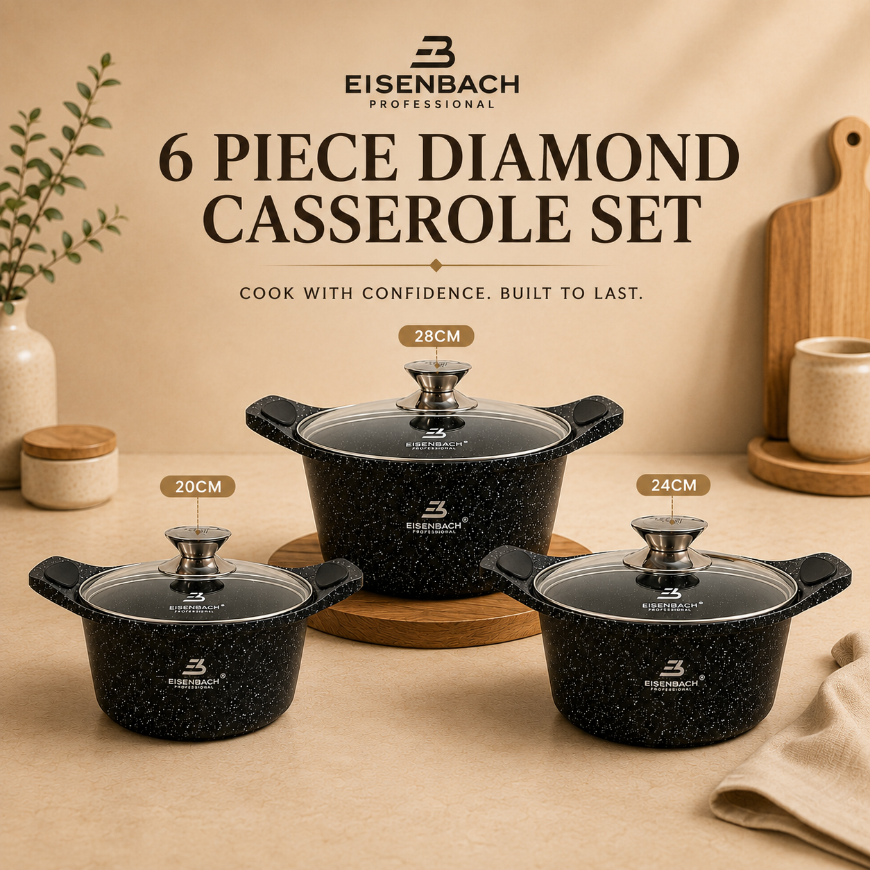 6 PIECE DIAMOND CASSEROLE SET - BLACK EDITION - by EISENBACH