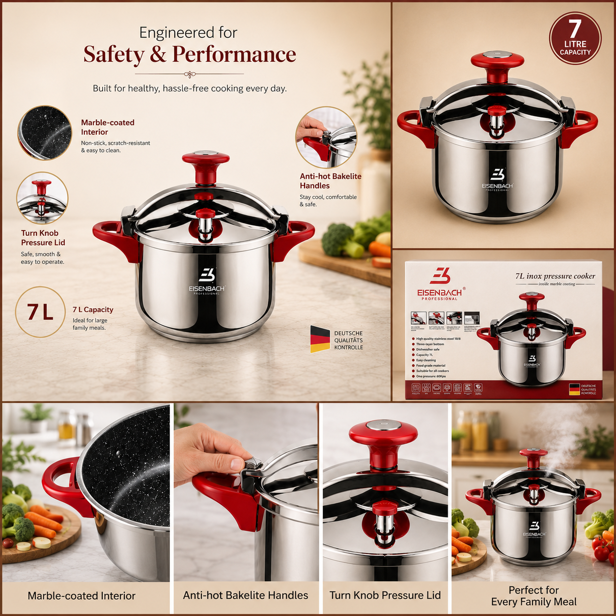 7 LITRES/ 5 LITRES- STAINLESS STEEL PRESSURE COOKER - RED COLOR - by EISENBACH