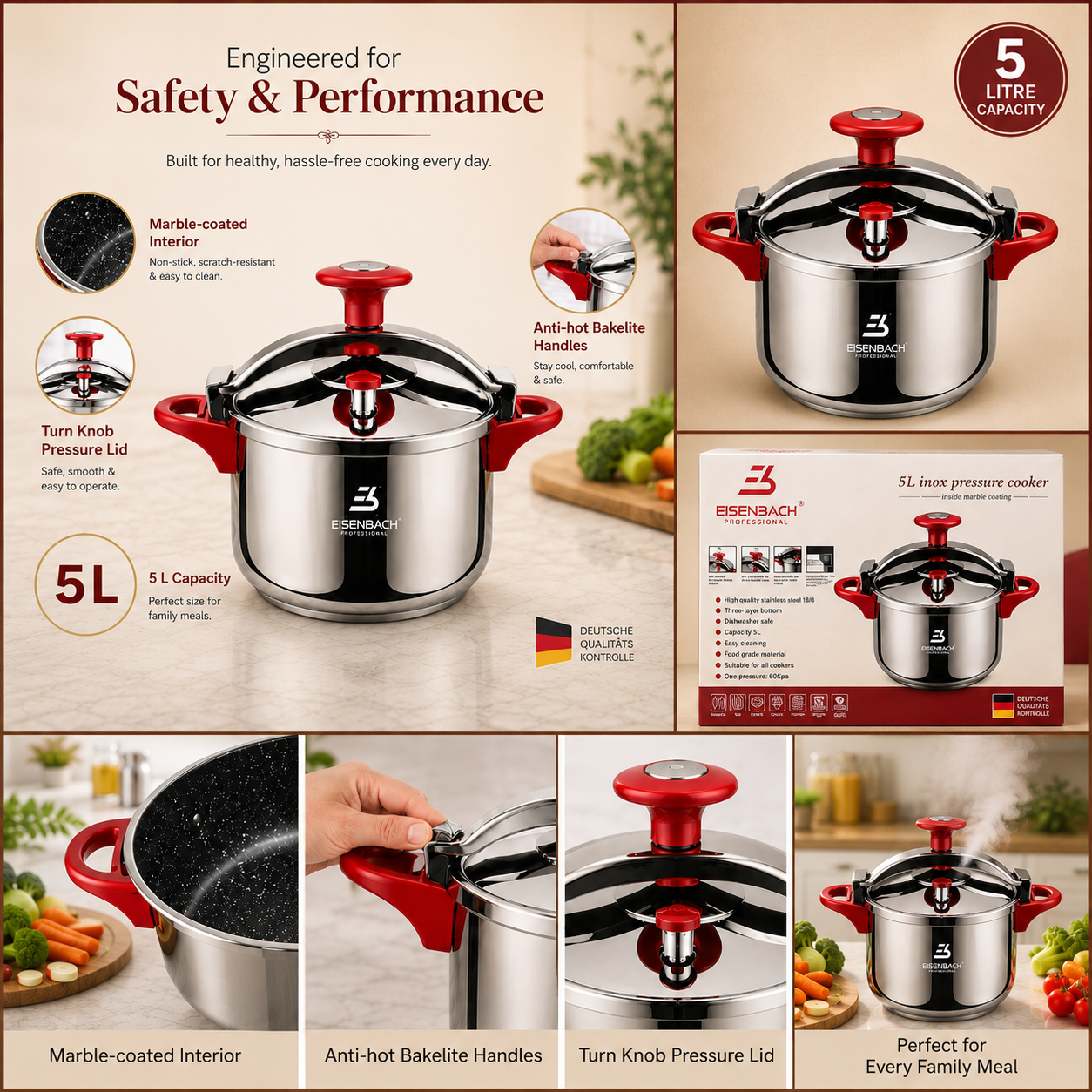7 LITRES/ 5 LITRES- STAINLESS STEEL PRESSURE COOKER - RED COLOR - by EISENBACH