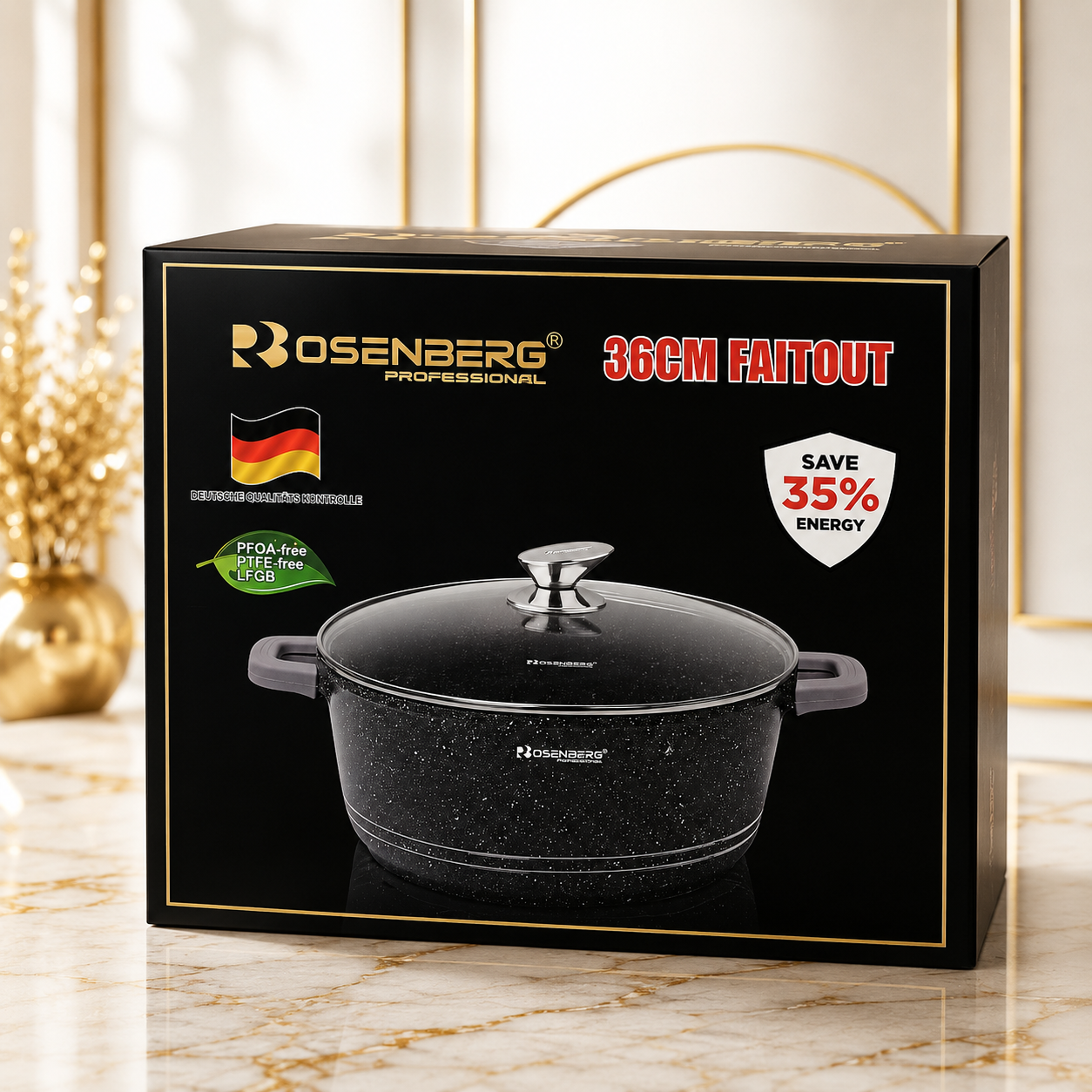 36cm/40cm FAITOUT WITH GLASS LID - SAVES UPTO 35% OF ENERGY - by ROSENBERG
