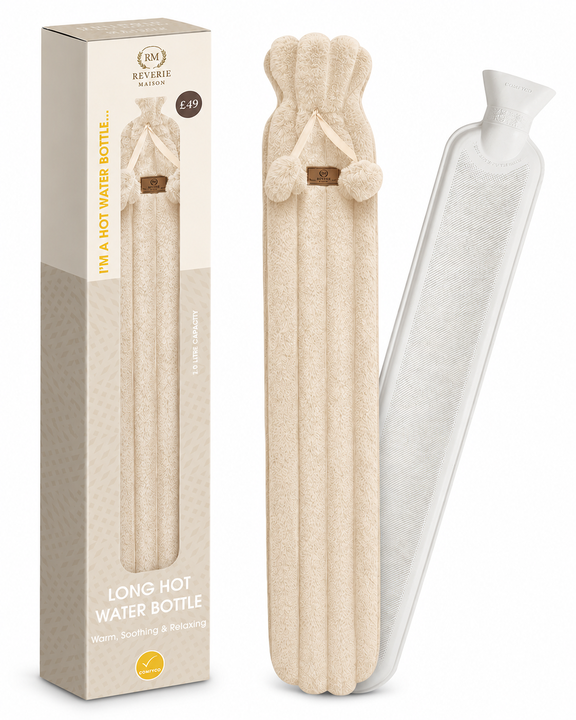 Reverie Maison Long Hot Water Bottle  – Soft Cable Knit Sleeve for Comfort & Warmth