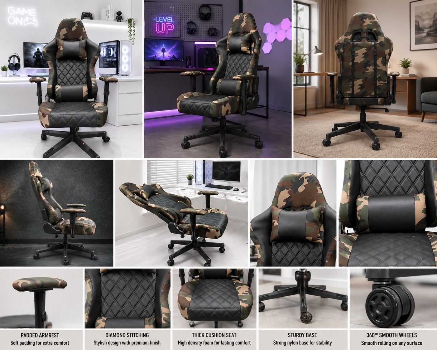 GAMING CHAIR - ARMY/CAMOUFLAGE THEME - COMFORTABLY BUILT