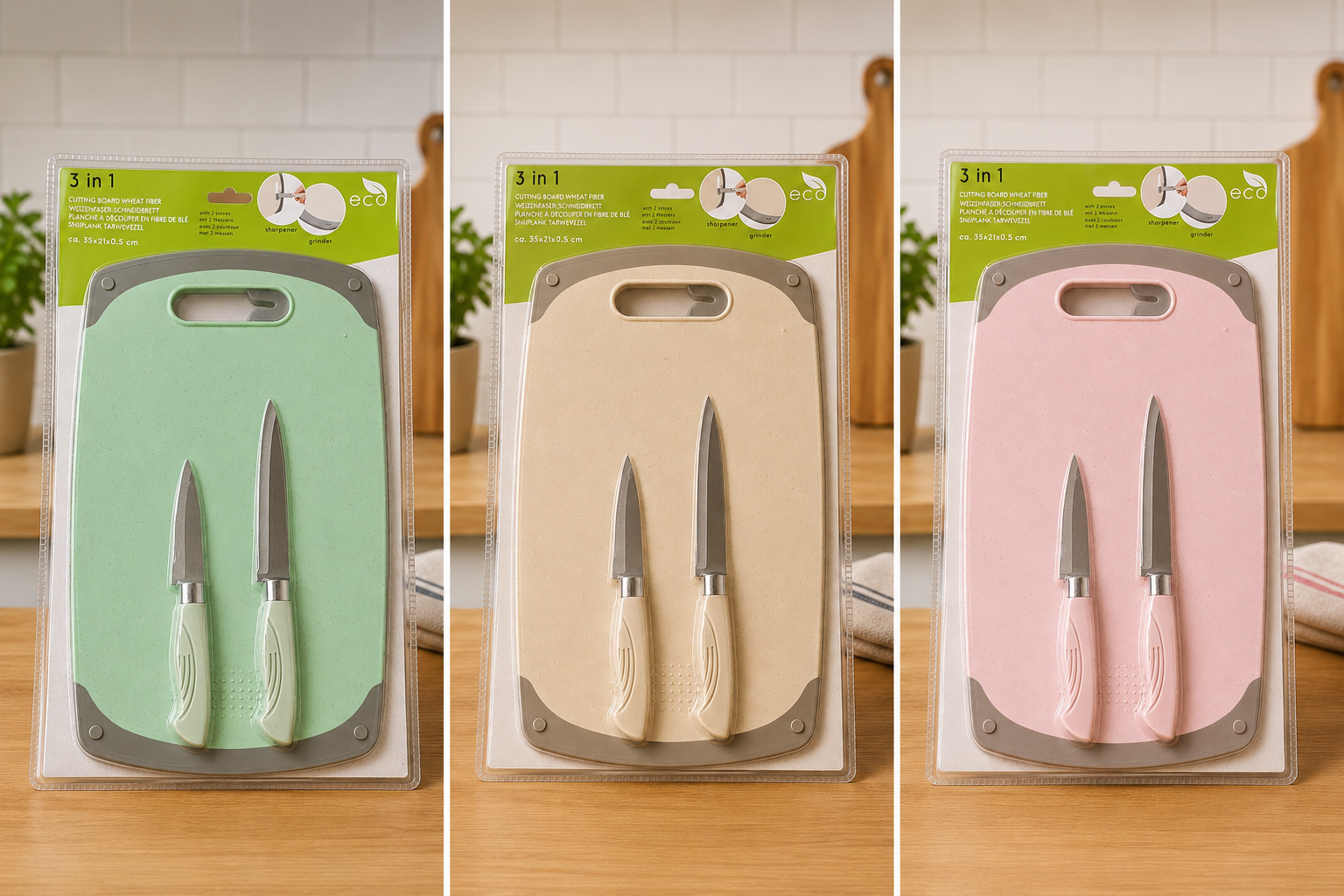 KITCHEN SET - CHOPPING BOARD+2 KNIVES IN PASTEL GREEN/PINK/BEIGE COLOUR - ABOVE 18 YEARS