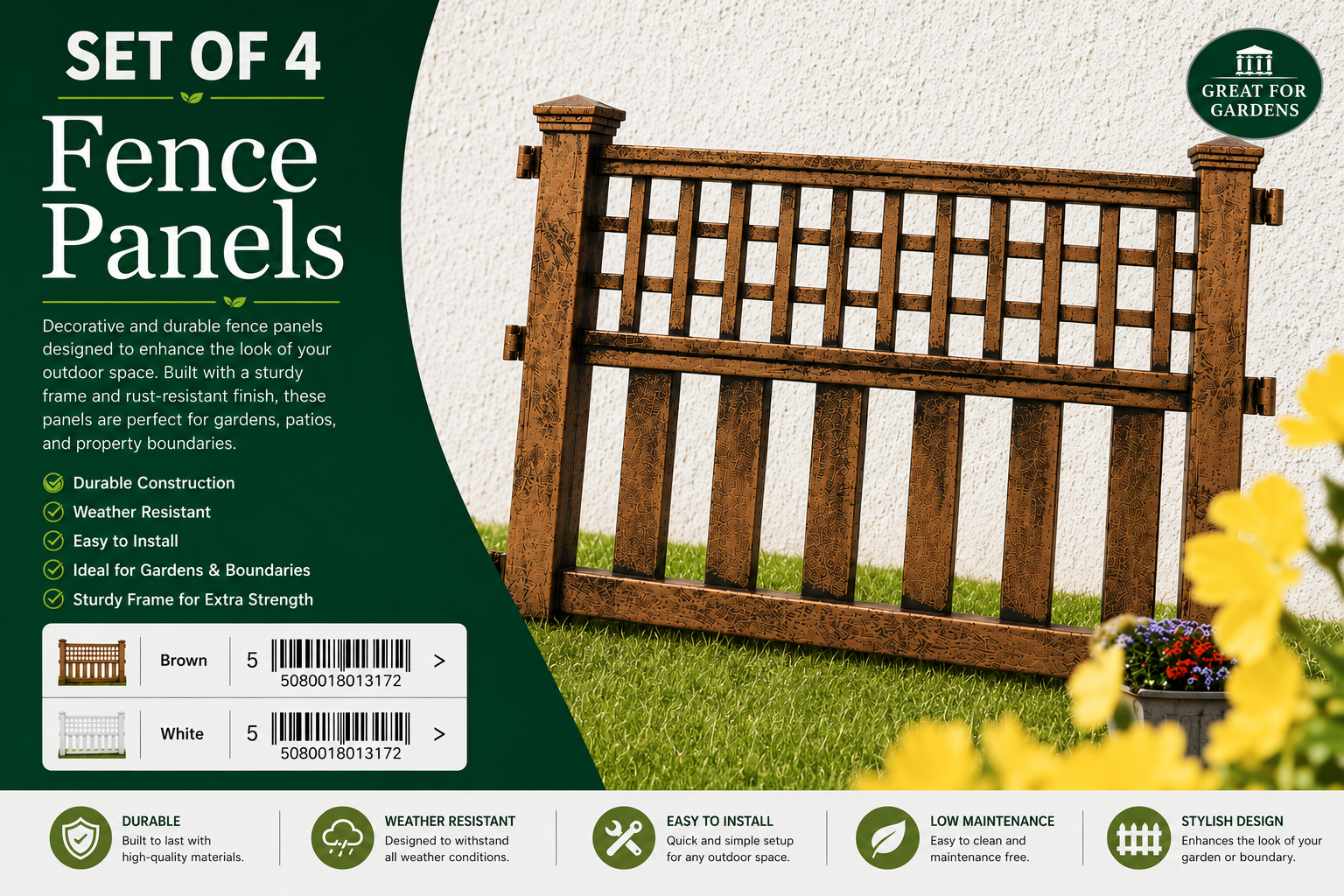 FENCE PANELS - SET OF 4/BOX IN BROWN COLOR by GREENHURST