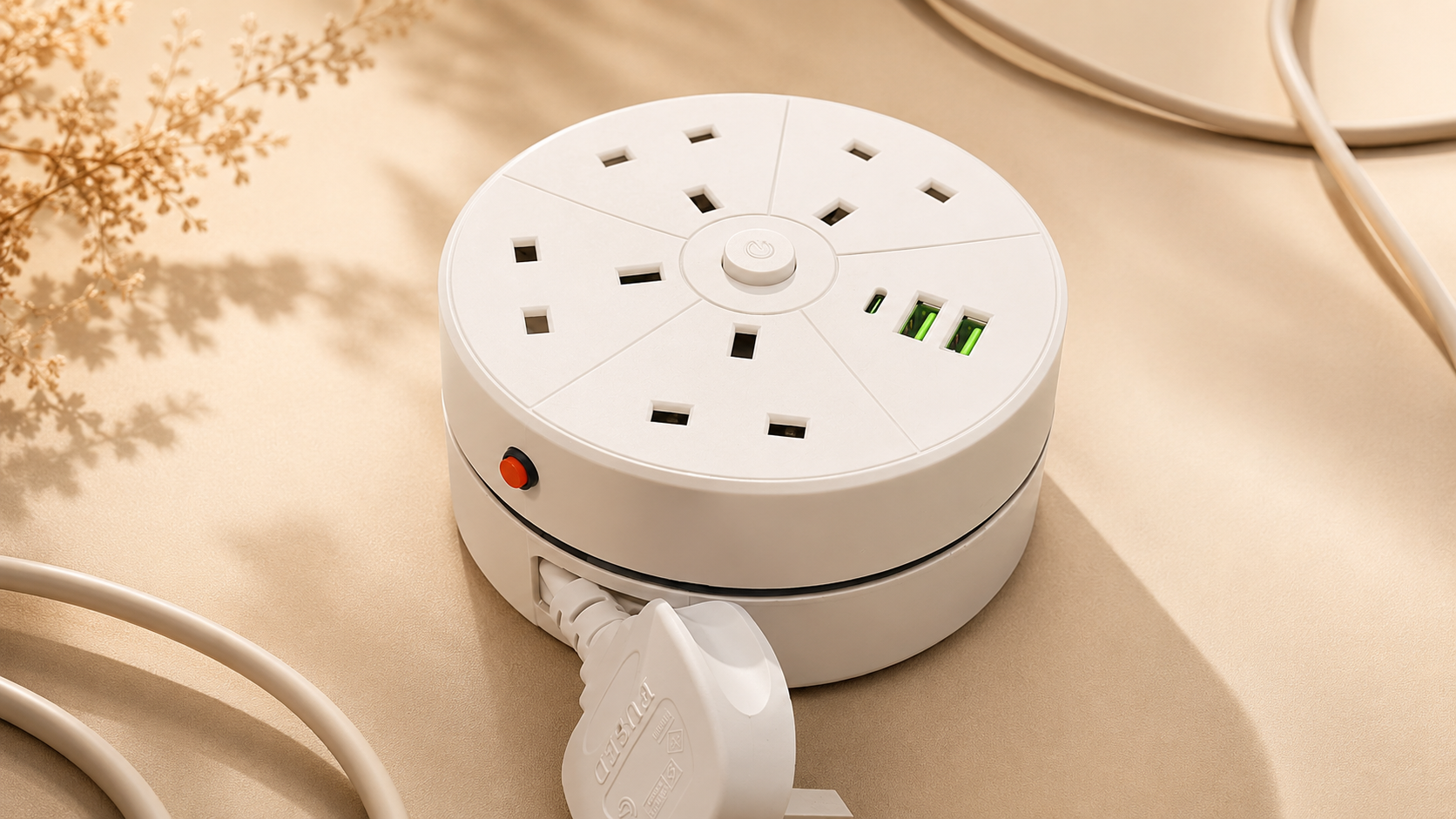 Vinisem Rotary Retractable Power Strip Black 2 M Extension Cord