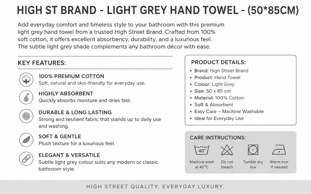 HIGH ST BRAND - LIGHT GREY HAND TOWEL - (50*85CM)