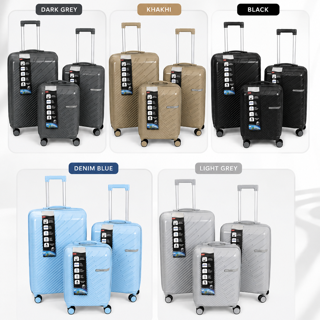 3 PIECES LUGGAGE SET - IN 5 DIFFERENT COLORS - Dark Grey, Khakhi, Black, Denim Blue, and Light Grey