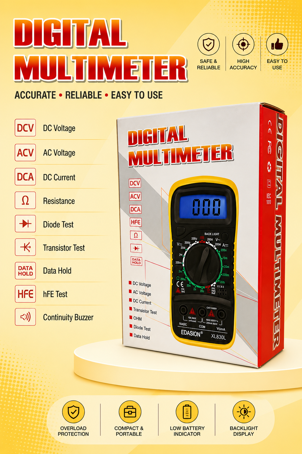 Digital Multimeter Voltmeter Battery Voltage Multi Tester Continuity Tester Ohm Volt Ampere Meter AC/DC Voltage Current Resistance Diode Transistor, Large LCD Display and Backlight