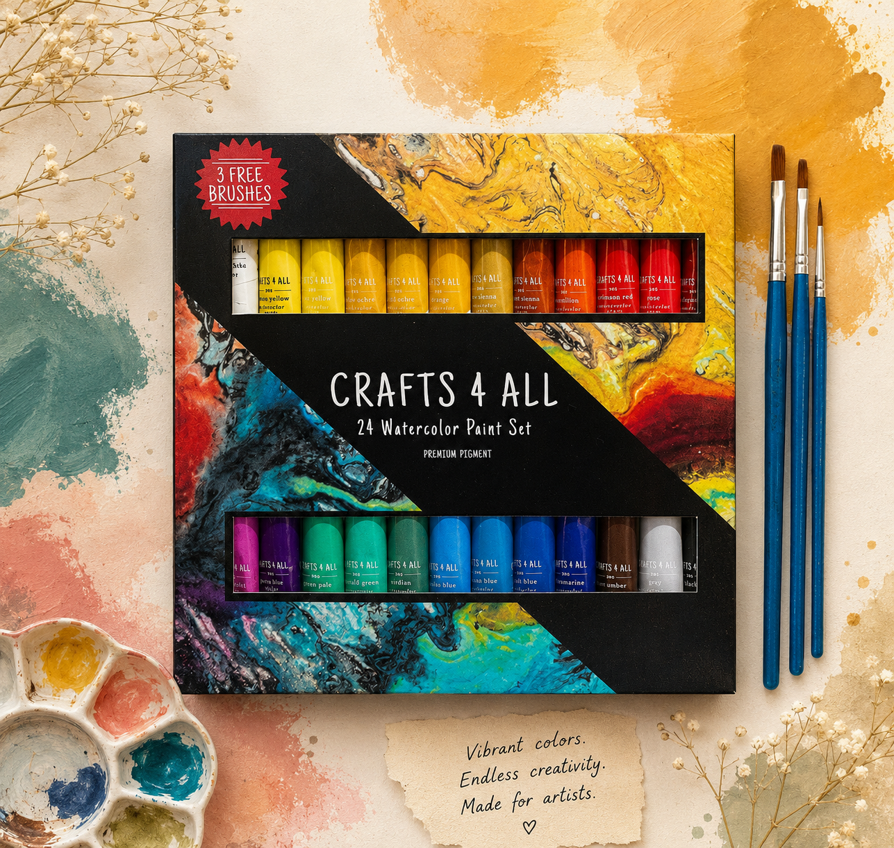 24 WATERCOLOR PAINT SET+3 FREE BRUSHES - PREMIUM & PIGMENTED- CRAFTS 4 ALL