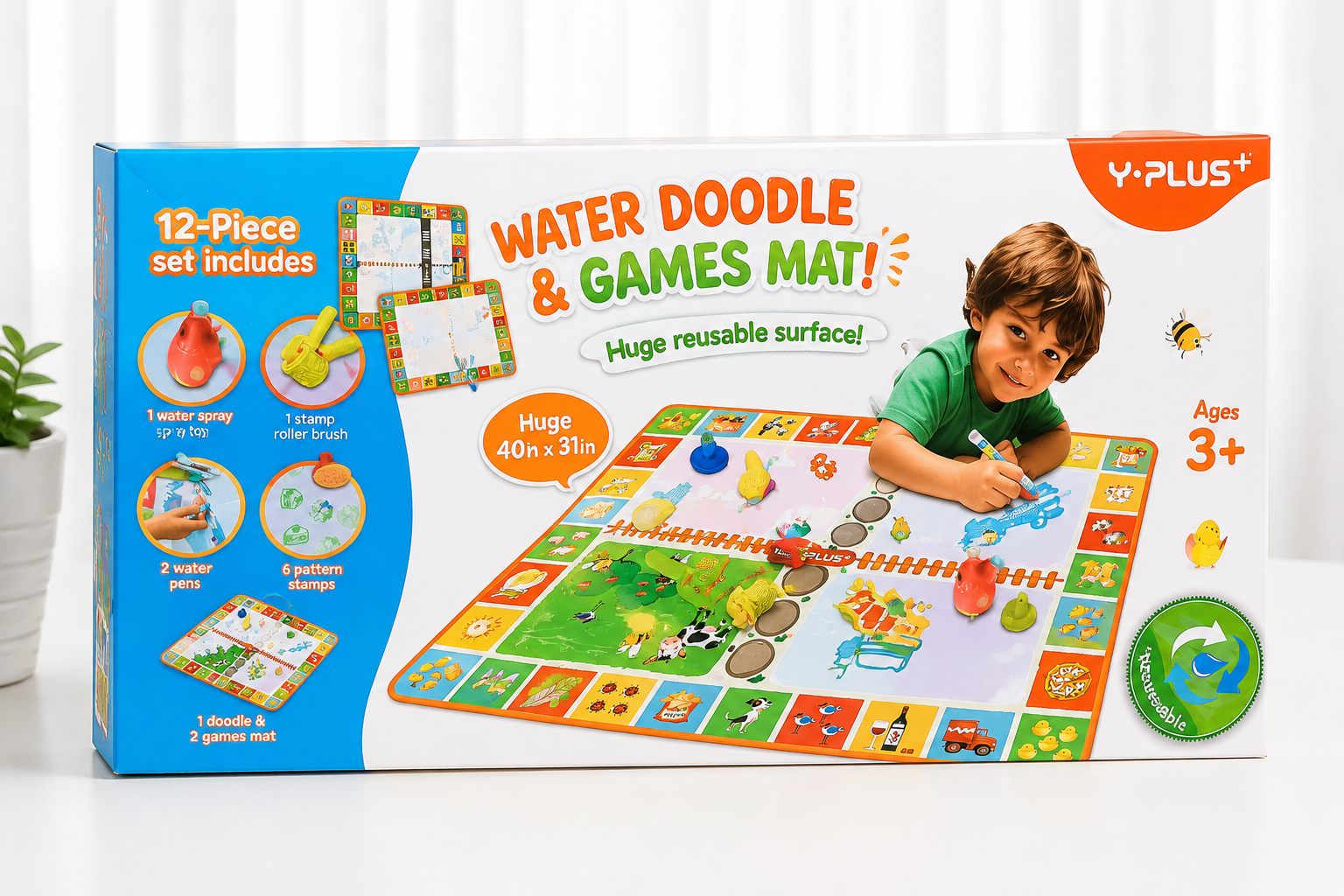 WATER DOODLE & GAMES MAT-12 PIECE SET (1 stamp roller brush+3pattern stamps+1water spray toy+4 brushes)