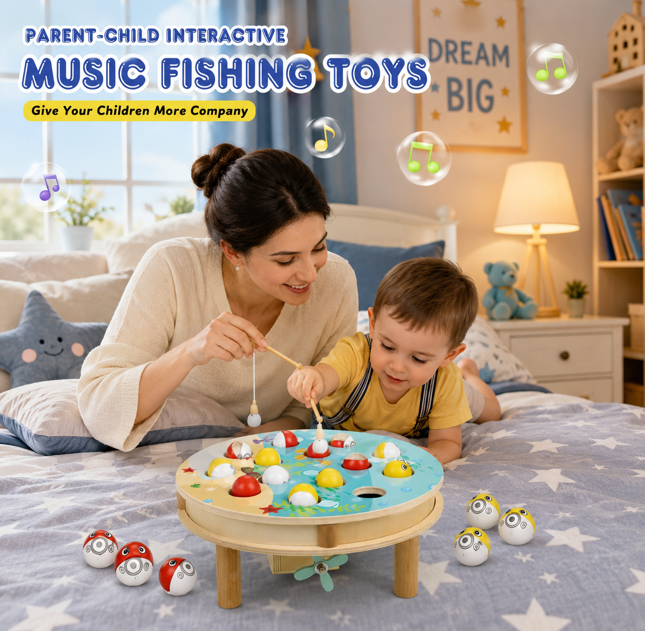 MUSIC FISHING GAME WODDEN TOY- LETOMY ROTATING FISH - 3YEARS+