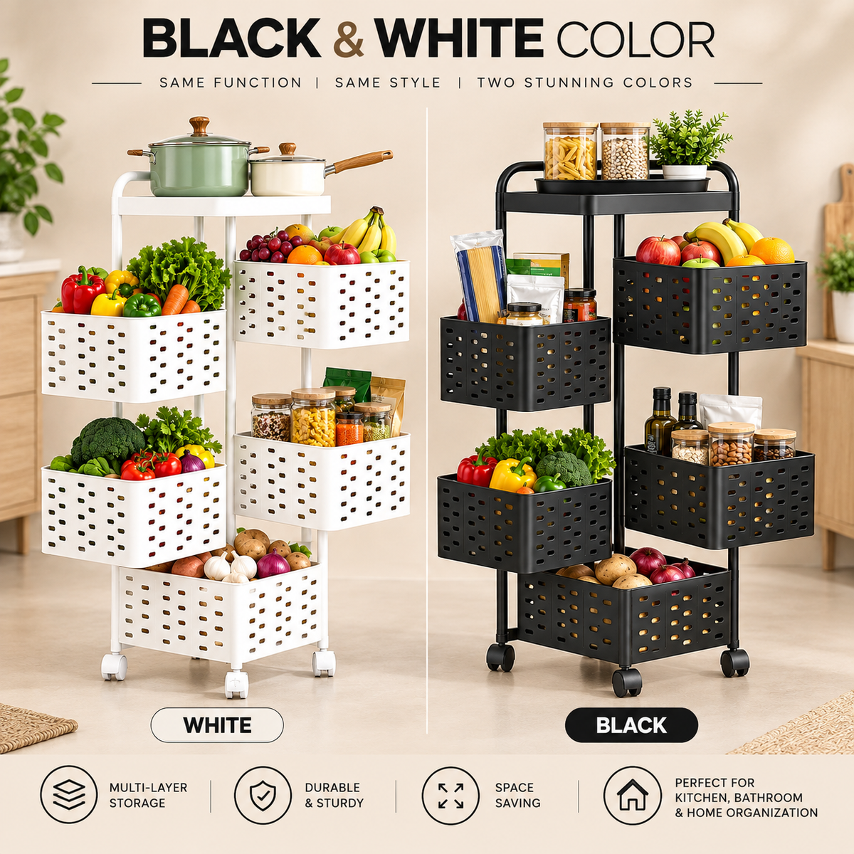 FOOD STORAGE TROLLEY FOR STORING DISTINCT FRUITS & VEGETABLES - BLACK/WHITE COLOR - (Size - 29*29*91cm)