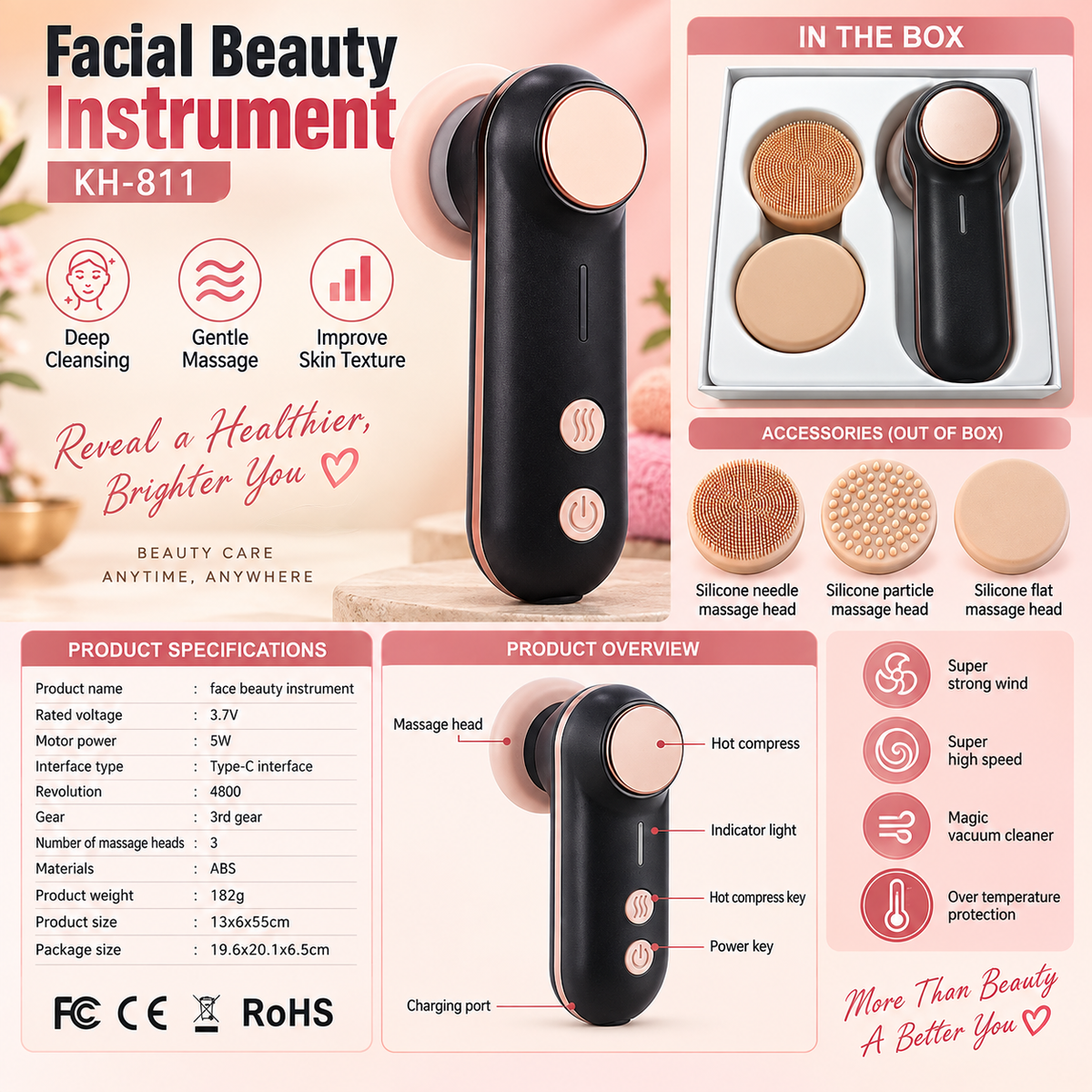 FACIAL BEAUTY INSTRUMENT - DEEP CLEANING, GENTLE MASSAGE & IMPROVES SKIN TEXTURE -(KH-811)