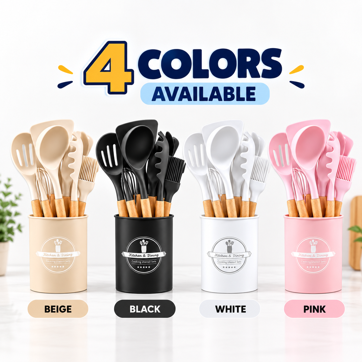 SILICON COOKING UTENSILS SET WITH PLASTIC HOLDERS - IN 4 SOFT SHADES - (-30° TO 230°C)