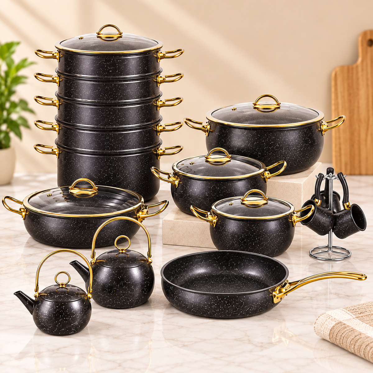 23 PIECES GRANITE CASSEROLE SET - COUMPOUND STEEL & GRANITE COATING - Box size-(71*37*59cm)