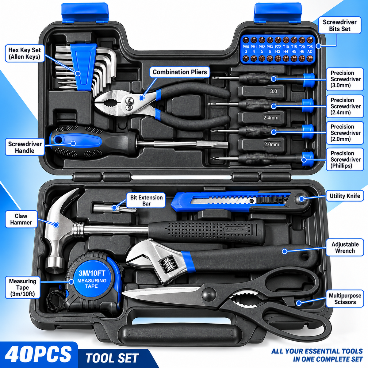 40 PIECES TOOL SET - MULTIPLE TOOLS INCLUDED ALONG WITH HANDY CASE (8.1×4.5×14.2cm)