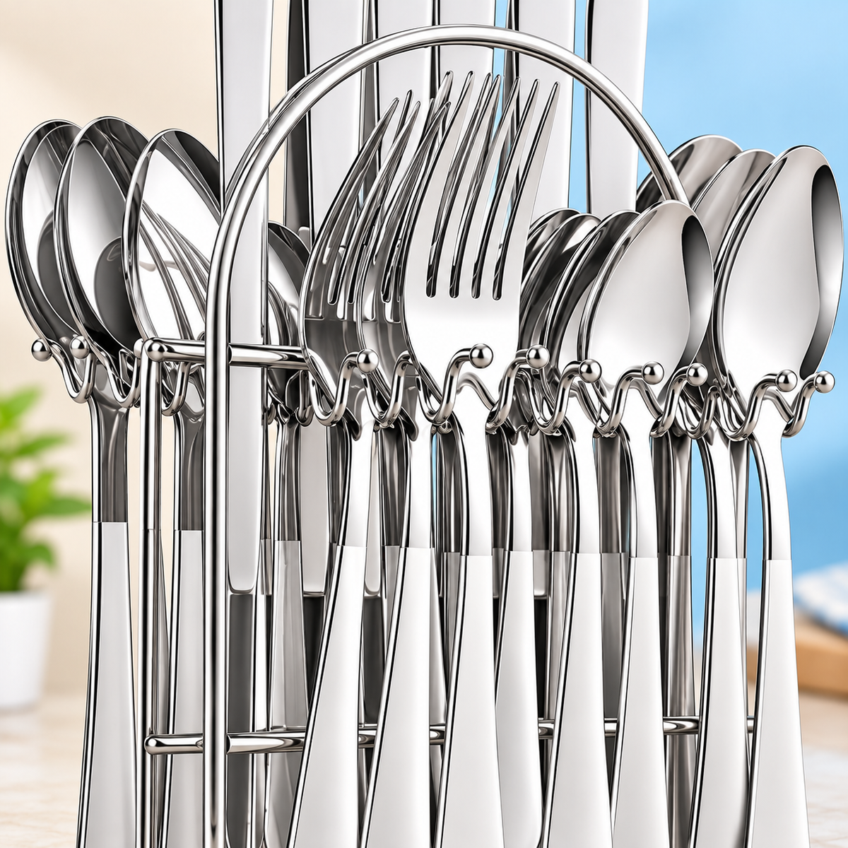 24 PIECE CUTLERY SET - STAINLESS STEEL TABLEWARE WITH SILVER FINISH